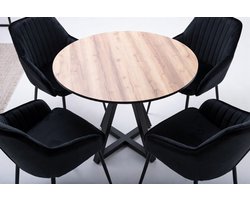 Ronde Eettafel Set 100 cm met 4 Fluwelen Stoelen – Moderne Dining Set voor Keuken & Woonkamer – Donker Hout & Zwart – Compact & Stijlvol – Ganeey