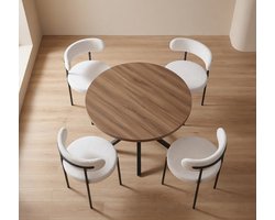 Ronde Eettafel Set 100 cm met 4 Stoelen – Modern Dining Room Set – Compacte Keuken Eettafel met Teddy Bouclé Stoelen – Dark Wood Look & Wit – 5-delige Eetkamerset – 4 Personen - Ganeey