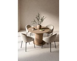 Ronde Eettafel Set 115 cm met 4 Fluwelen Stoelen – Travertin Look Tafelblad, Modern Industrieel Design voor Keuken & Eetkamer – Beige | Ganeey