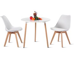 Ronde Eettafel Set met 2 Scandinavische Stoelen - Wit Hout - Geschikt voor Keuken en Eetkamer