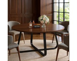 Ronde Eettafel Torino 130 cm - 4 tot 6 personen - Walnoot Houten Tafelblad & Industrieel Metalen Onderstel - Moderne Keukentafel & Woonkamertafel - Casa Serena – 130 cm – Casa Dorada