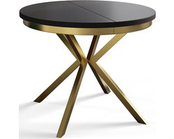Ronde Eettafel Uitschuifbaar 90–170 cm – Zwart met Gouden Metalen Poten – Moderne Design Eetkamertafel voor 4-6 Personen – Ruimtebesparend & Stabiel – Laura