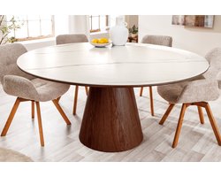 Ronde eettafel UNIQUE 120cm Wit Bruin Walnoot Hout Keramiek Marmeren Kolom Onderstel - 45144