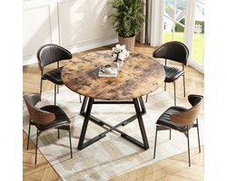 Ronde eettafel voor 4 personen, 120 x 120 x 75 cm, tafel in industriële stijl, houten keukentafel, grote eettafel met plank voor thuis, eetkamer, woonkamer, bruin bureaublad + zwart frame