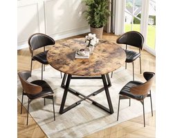 Ronde eettafel voor 4 personen, 120 x 120 x 75 cm, tafel in industriële stijl, houten keukentafel, grote eettafel met plank voor thuis, eetkamer, woonkamer, bruin bureaublad + zwart frame