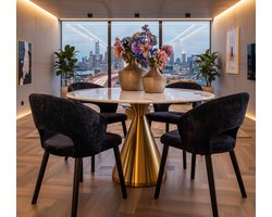 Ronde Eettafel Wit Marmer 130 cm – Luxe Design Kunstmarmer Blad met Gouden Metaal Onderstel – Eigentijdse Woonkamer Tafel – Novihome