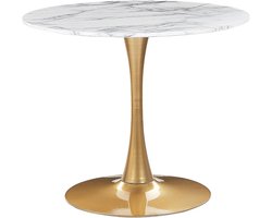 Ronde Eettafel Wit Marmerlook 90 cm – Moderne Woon- of Keukentafel met Gouden Metalen Onderstel