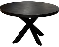 Ronde Eettafel - Zwart Mangohout - 120cm - Spinpoot Metaal - Matte Lak