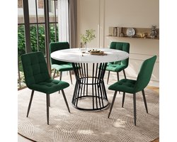 Ronde Eettafelset - 5 Delig Met 4 Stoelen - Wit Marmer Motief - Groen Velvet - Zwart Metaal