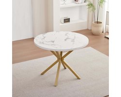 Ronde Eettafelset Milano 100 cm met 4 Stoelen – Moderne Keuken- en Woonkamerset in Wit/Goud en Kaki – Luxe Tafel met Stoffen Stoelen voor Eetkamer – Novihome
