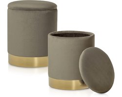 Ronde Fluvelen Pop-up Opbergkruk met Zitdeksel Taupe 31x38 cm