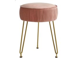 Ronde fluwelen poef met gouden metalen poten voor slaapkamer en kaptafel