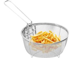 Ronde frituurmand van roestvrij staal, geschikt voor het frituren van kip, uienringen en garnalen.