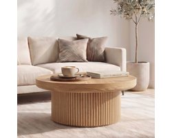 Ronde geribbelde salontafel 78cm - echt houten parketpatroon blad - cilindrische basis - extra dik tafelblad - midcentury modern - ideaal voor woonkamer en kleine ruimtes - natuurhout