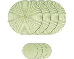 Ronde geweven placemats en onderzetters set van 4 - 38 cm katoenen placemats - hittebestendige tafelmatten voor keuken eettafel - groen