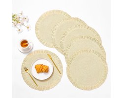 Ronde geweven tafelkledenset (6 stuks) - 38 cm in diameter - Decoratieve placemats in Boheemse stijl, gemaakt van geweven papier en jute - Geschikt voor eettafels, bruiloften en feestelijke diners - Lichtgeel
