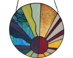 Ronde Glas-in-Lood Raampaneel Decoratie - Oranje, Blauw en Geel Zonenvanger