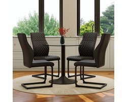 Ronde Glazen Eettafel 85 Cm Met 4 Zwarte Eetkamerstoelen Met Hoge Rugleuning En Ruitstiksel Voor Kleine Eethoek En Bar