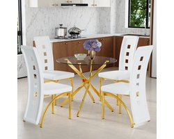 Ronde Glazen Eettafel Set 88 Cm Met 4 Stoelen - Modern Design Voor Kleine Ruimtes - PU Leer En Metaal - Wit Goud