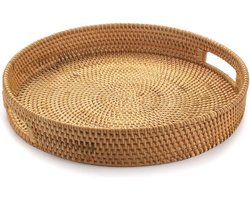Ronde handgeweven rotan dienblad Ø25 cm met handgrepen, natuur rotan serveerblad voor fruit, brood, drankjes en tafeldecoratie