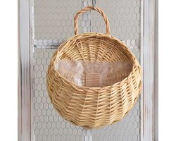 Ronde hangende bloempot, plantenmand, plantenmand met rieten, rotan muur om op te hangen voor huisdecoratie, tuin, bruiloft (gebroken wit, 21 x 16 cm)
