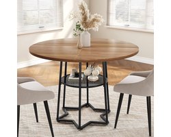 Ronde houten eettafel bruin 98x76 cm met metalen onderstel & opbergplank - Landelijke keukentafel voor 4 personen