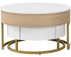 Ronde Inklapbare Salontafel Set van 2 - Hoogte Verstelbaar, Opklapbaar Blad, Lade en Verborgen - Hout Metaal - Zwart en Houtkleur Natuurlijk Bruin