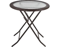 Ronde inklapbare tuintafel met glasplaat en rotan-stijl decoratie