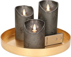 Ronde kaarsenplateau goud van kunststof D27 cm met 3 antraciet grijze LED-kaarsen 10/12,5/15 cm - Tafeldecoratie