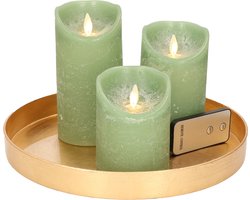Ronde kaarsenplateau goud van kunststof D27 cm met 3 jade groene LED-kaarsen 10/12,5/15 cm - Tafeldecoratie