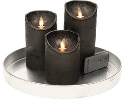 Ronde kaarsenplateau zilver van kunststof D27 cm met 3 antraciet grijze LED-kaarsen 10/12,5/15 cm - Tafeldecoratie