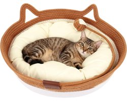 Ronde Kattenmand van Katoen met Kussen, Wasbare Grote Mand voor Katten tot 10 kg, Inclusief Speelgoed, 46 x 46 x 16 cm, Bruin en Wit