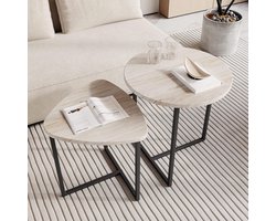 Ronde Koffietafel Set van 2 - Bijzettafel - Industrieel Design - Houten Blad - Zwart + Eiken