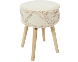 Ronde Kruk - ø 30 x 41 cm – Boho Krukje met Houten Poten & Zachte Katoenen Bekleding – Beige Zitkruk voor Woonkamer of Slaapkamer - Beige