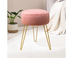 Ronde Kruk - Voetenbank Poef - Kaptafel Zitten - Stabiele Metalen Poten - 45 cm Hoog - Roze