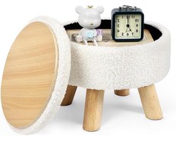 Ronde Kruk - Voetenbankje Poef - Opbergen Zitten - Teddy Fluweel - 31.7 x 31.7 x 28 cm - Crèmewit