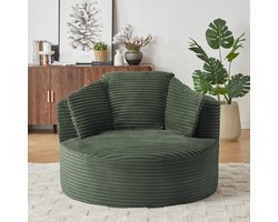 Ronde Lounge Fauteuil - Chenille Cloud Chair Met Diepe Zit - Comfortabele 1-Zits Relaxstoel Met Pocketveren En Schuim - Ergonomische Stoel Voor Woonkamer En Slaapkamer - Groen