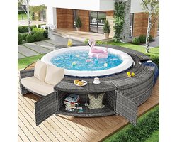 Ronde Loungeset voor Zwembad en Whirlpool – Novihome Luxe Spa Lounger met Opbergruimte, Verstelbare Poten, UV-bestendig PE-rotan en Acaciahout – Inclusief Comfortkussens – Buitenmeubel voor Tuin, Terras en Zwembadrand – Diameter 283 cm