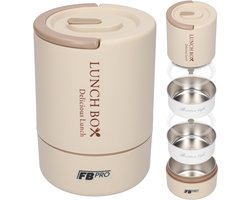 Ronde Lunchbox - Broodtrommel - Rond gevormde vershouddoos - Met lepel - 3 verschillende delen - Voorraadbus geschikt voor warm & koud eten - Luchtdichte voedselcontainer - Isolerend - RVS bakjes - Beige