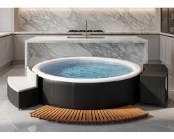 Ronde Luxe Spa Whirlpool Cover met Opbergruimte en Acaciahouten Afwerking – MedaHomeStore – Poly Rattan & Hout, Comfortabele Pool Loungeset, Weerbestendig & Stijlvol, Zwart, Inclusief Bank + Ablage + 2x Treppe