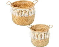 Ronde manden set - Opbergmanden zeegras - Decoratie en opbergen - Handgemaakt met franjes - 40x40x30 cm - Natuurlijk en wit