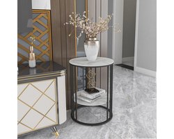 Ronde Marmeren Bijzettafel met 2 Planken en Zwart IJzeren Frame - Luxe Woonkamertafel voor Moderne Interieurs