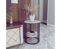 Ronde Marmeren Bijzettafel Wit – Luxe Salontafel/Nachtkastje – Modern Design Met Zwart IJzeren Frame – 2 Planken – 40x40x54 cm – Voor Woonkamer & Slaapkamer - FATIVO
