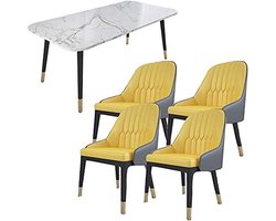 Ronde Marmeren Eettafelset Aurora Luxe – Novihome | Gele Design Eettafel met 4 Stoelen | Ø100 x 75 cm | Moderne Keuken- & Restaurantset | PU Lederen Stoelen, Stalen Frame, Compact & Duurzaam