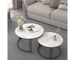 Ronde marmeren salontafel Set van 2 - Glanzend wit, gesinterd steen voor woonkamer en balkon