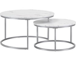 Ronde Marmeren Salontafel Set – Zilver/Wit Met Metalen Frame