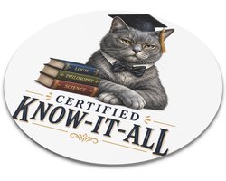 Ronde muismat grijze kat met bril en boeken tekst Certified Know-It-All - Afgestudeerde slimme kat academische illustratie - Grappig cadeau voor student, collega of kattenliefhebber - Ronde muismat kantoor bureau