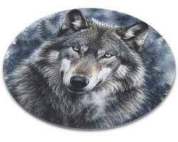 Ronde Muismat - Grijze Wolf (Canis lupus) - Sfeervol Aquarel Naaldbos Design - Cadeau voor Wolvenliefhebber Bureau