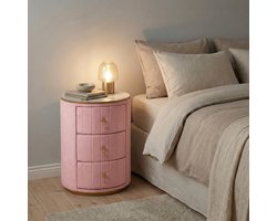 Ronde Nachtkastje Met 3 Laden - Fluwelen Bijzettafel Roze - Marmerlook Tafelblad Met Gouden Details