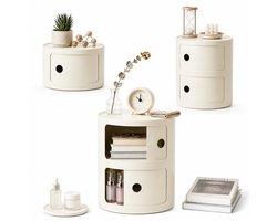 Ronde Nachtkastje Met Schuifdeur - 2 Laags Opbergkast - Moderne Ronde Bijzettafel - Crèmekleurige ABS Opbergkast - Slaapkamer En Woonkamer Kast